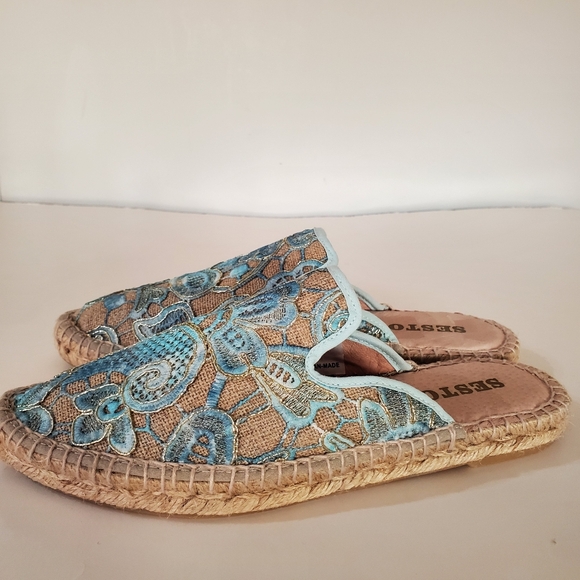 SESTO MEUCCI Sz 8 Lace Espadrille Mules Floral Applique Gold Blue Natural Color - Picture 8 of 16